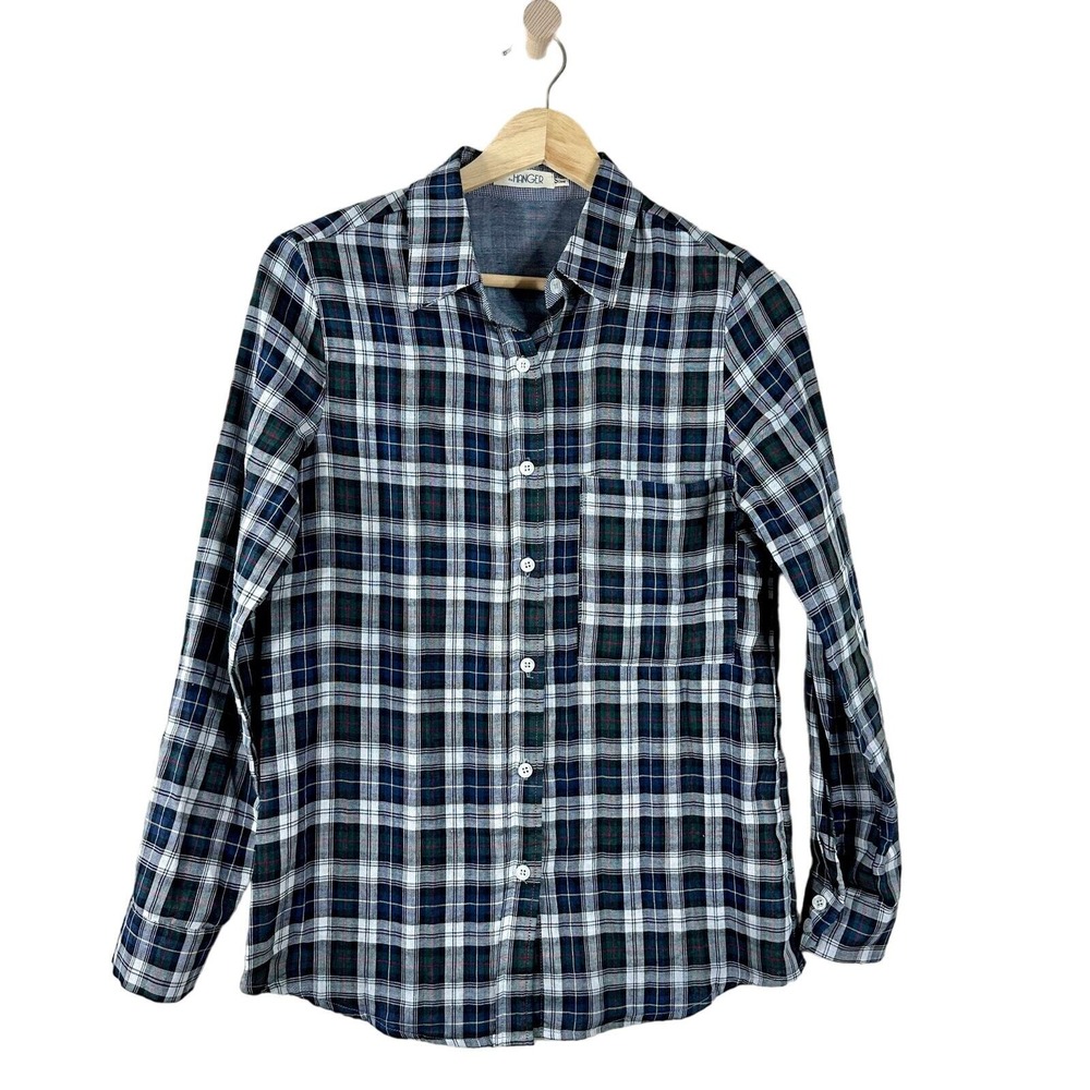 The Hanger Womens Plaid Button Down Shirt Navy Blue Green Cotton Classic Size S